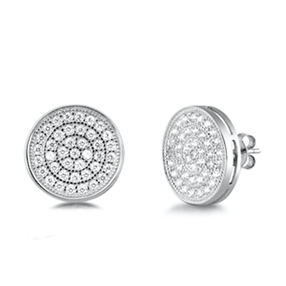 Sterling Silver Simple Concentric Circle Modern Micro Cluster Earrings Clear CZ