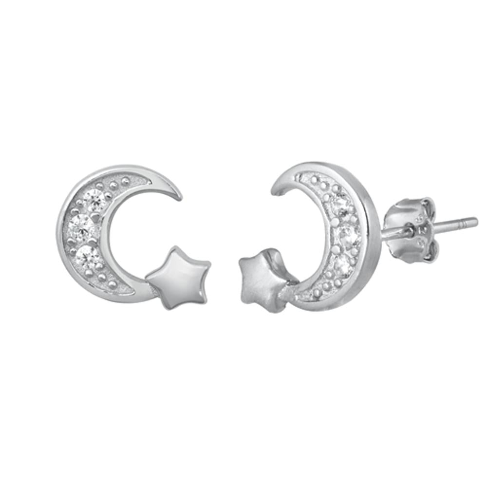 Sterling Silver High Polished Moon & Star Crescent Moon Star Earrings 925 New
