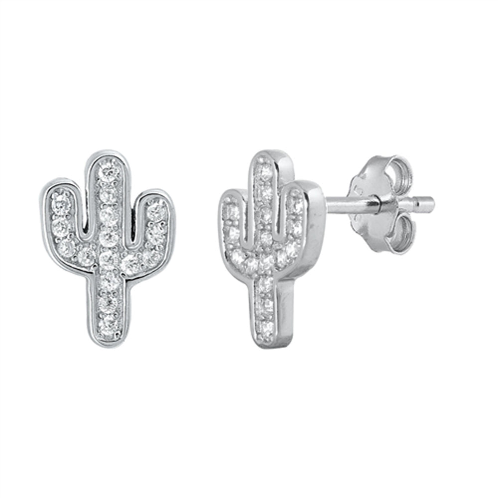 Sterling Silver Studded Cactus Plant Desert Nature Earrings 925 New