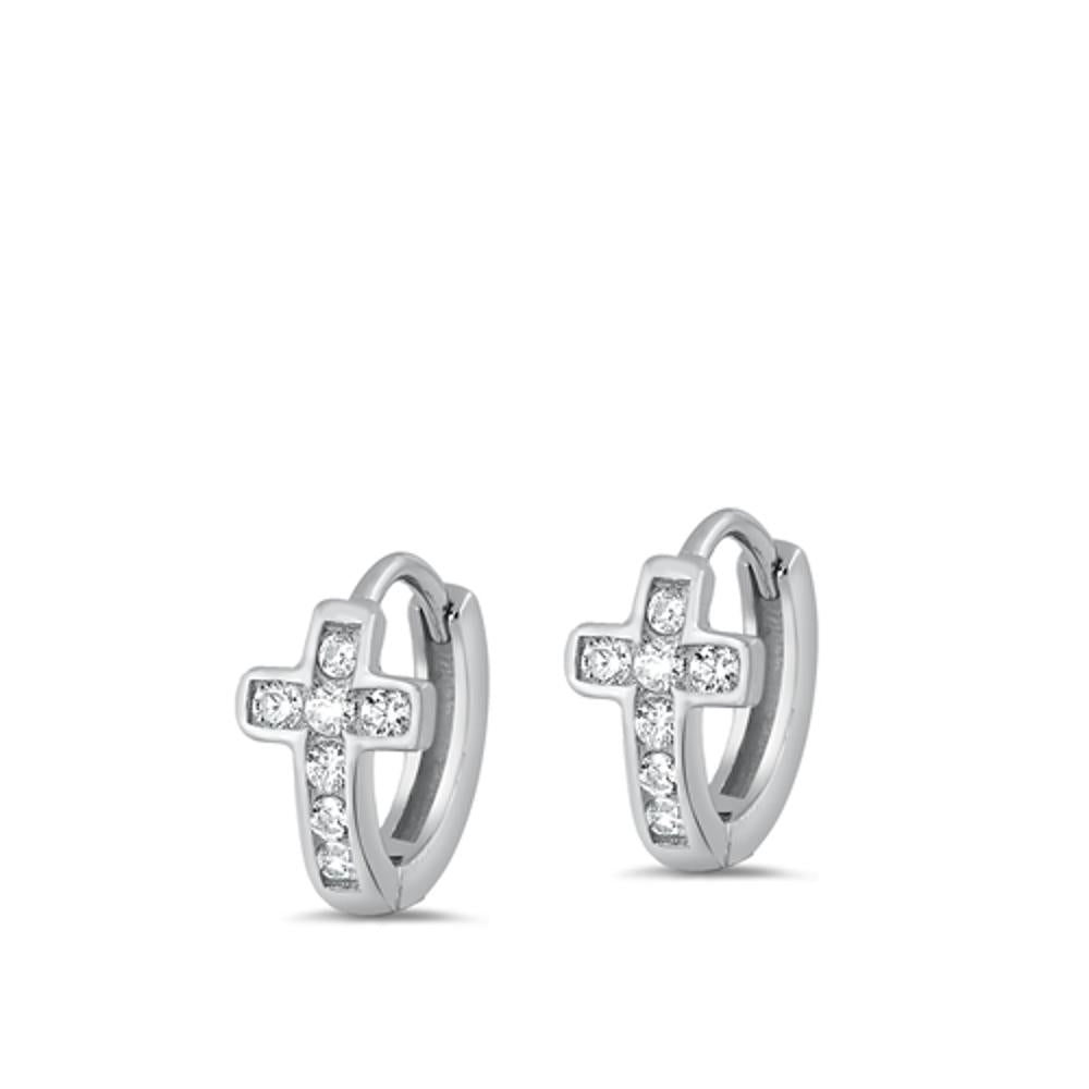 Sterling Silver Fashion Clear CZ Cross Huggie Hoop Christian Earrings 925 New