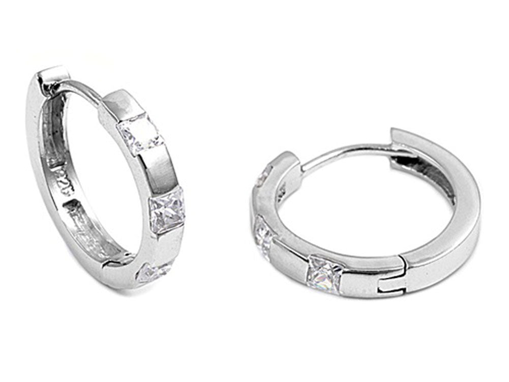 Huggie Hoop Earrings Clear Simulated CZ .925 Sterling Silver
