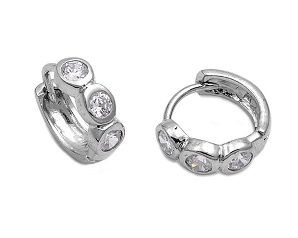 Huggie Hoop Earrings Clear Simulated CZ .925 Sterling Silver