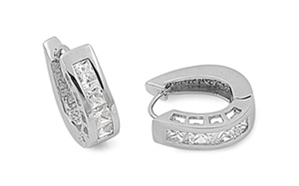Huggie Hoop Earrings Clear Simulated CZ .925 Sterling Silver