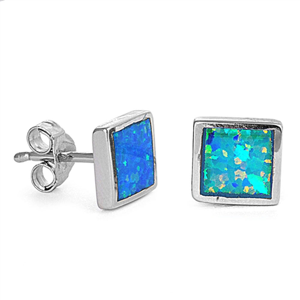 Square Earrings Blue Simulated Opal .925 Sterling Silver