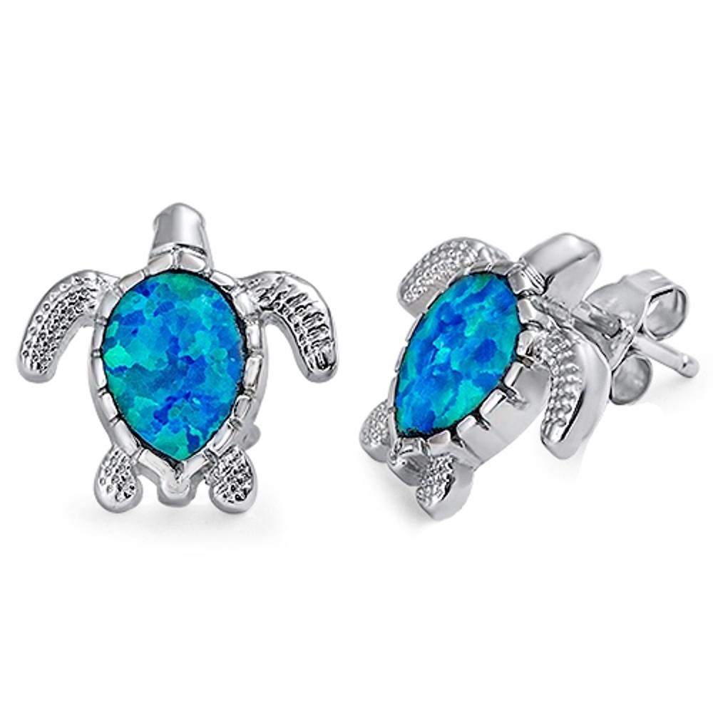 Turtle Earrings Blue Simulated Opal .925 Sterling Silver