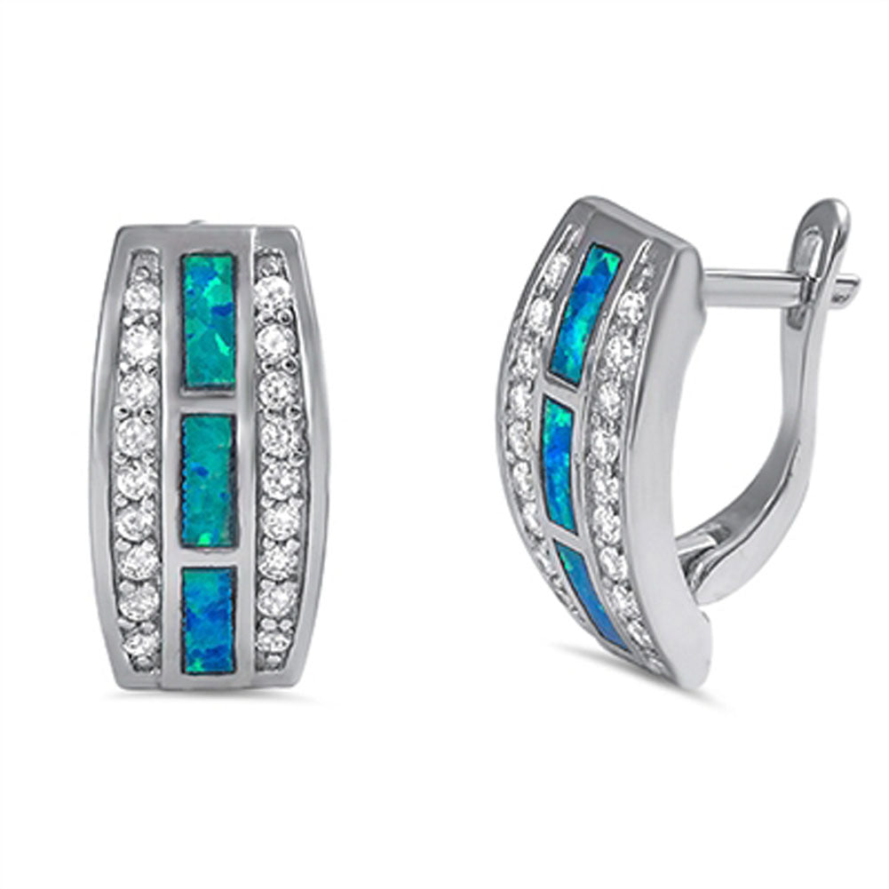 Bar Earrings Blue Simulated Opal Clear Simulated CZ .925 Sterling Silver