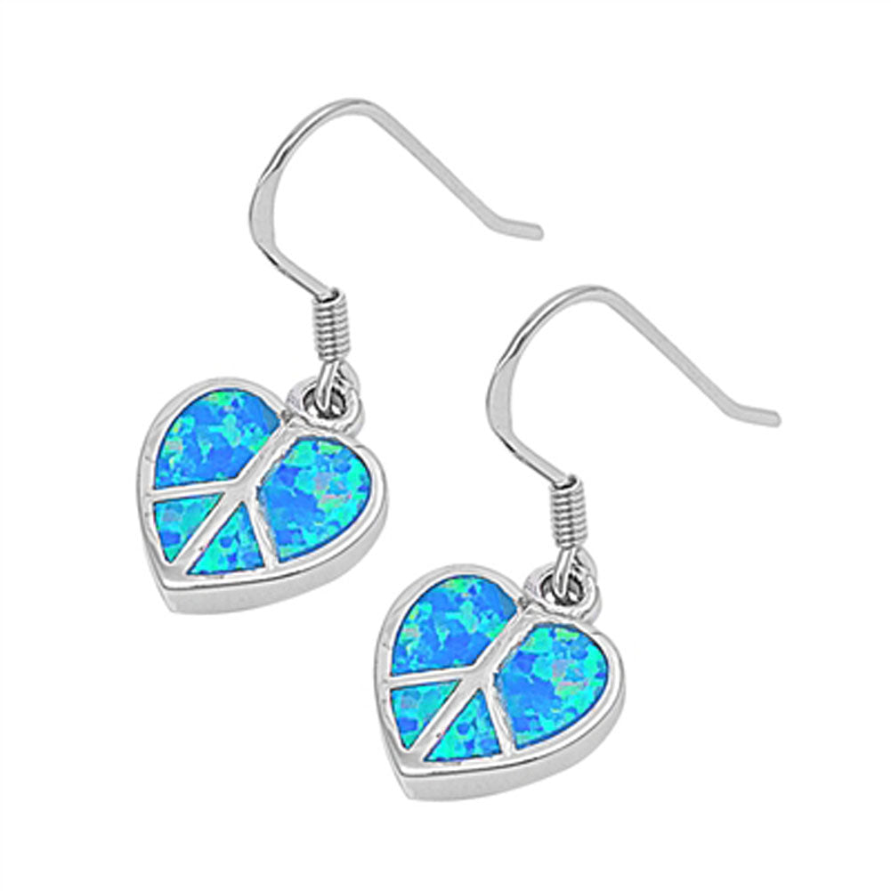 Heart Hanging Earrings Blue Simulated Opal .925 Sterling Silver