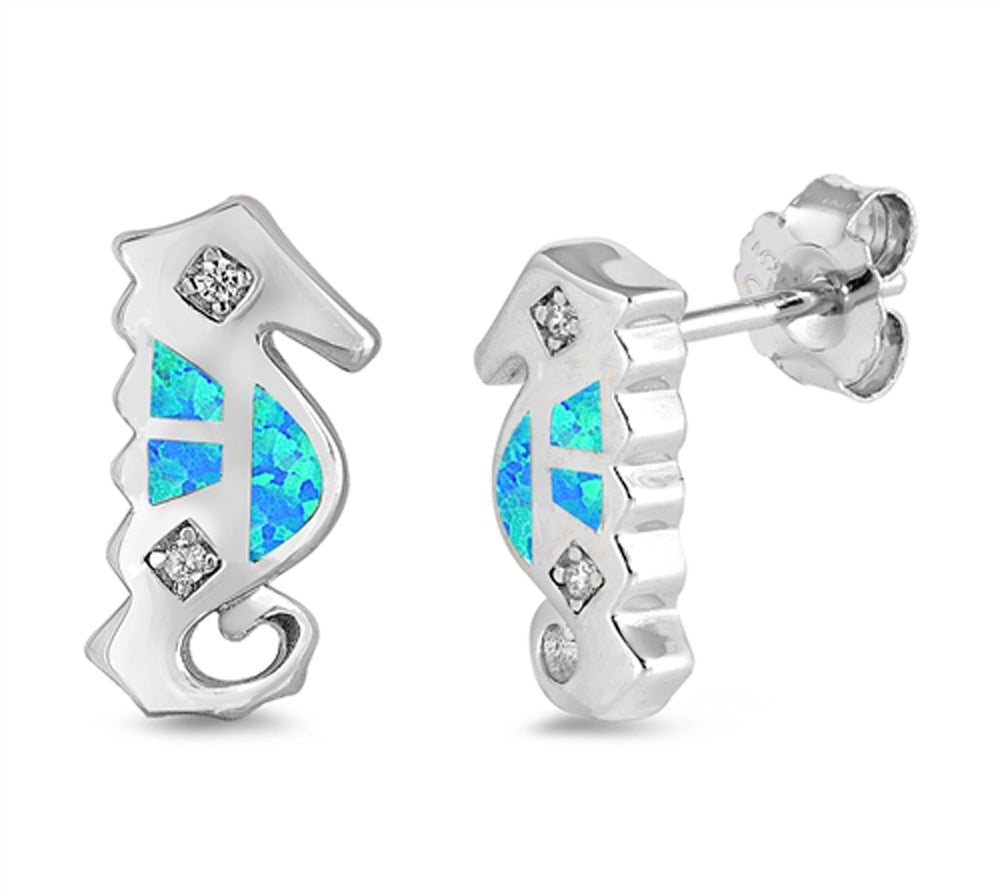 Sterling Silver Seahorse Animal Ocean Cute Earrings Blue Synthetic Opal 925 New
