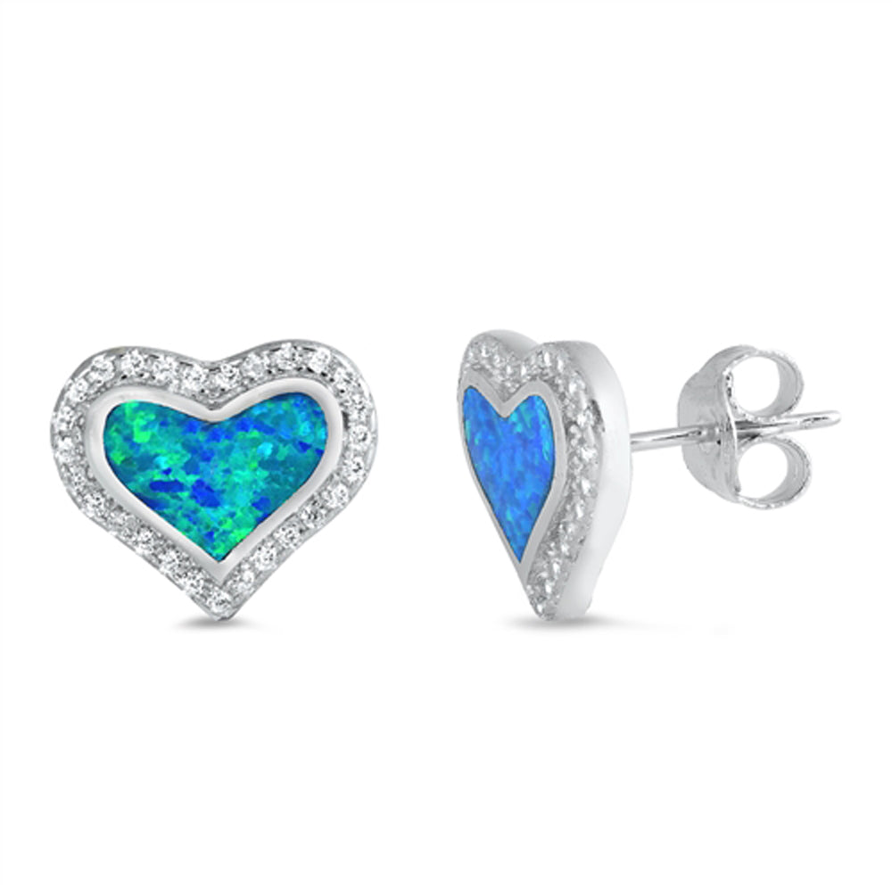 Sterling Silver Heart Halo Cluster Love Earrings Blue Synthetic Opal Clear CZ