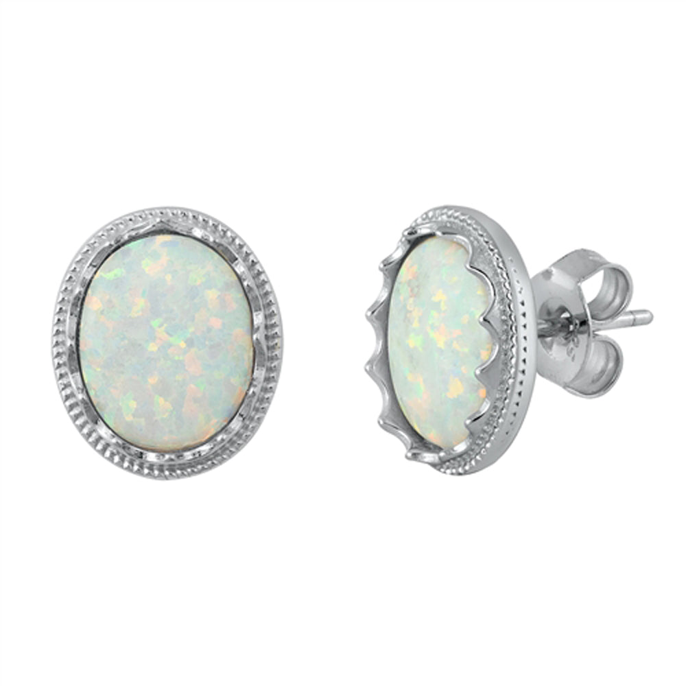 Sterling Silver Elegant Oval Wavy Halo Earrings White Synthetic Opal 925 New