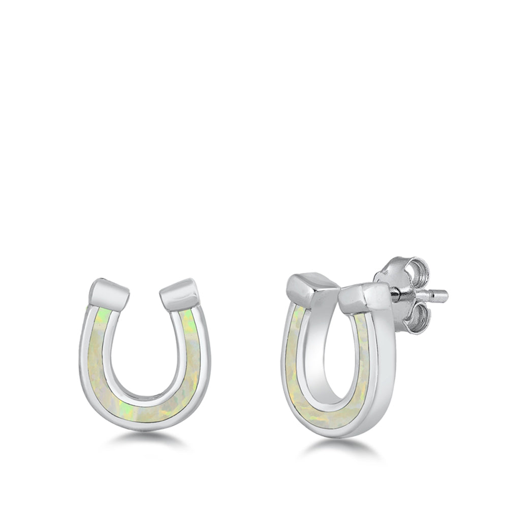 Sterling Silver Horseshoe Luck Animal Earrings White Synthetic Opal 925 New