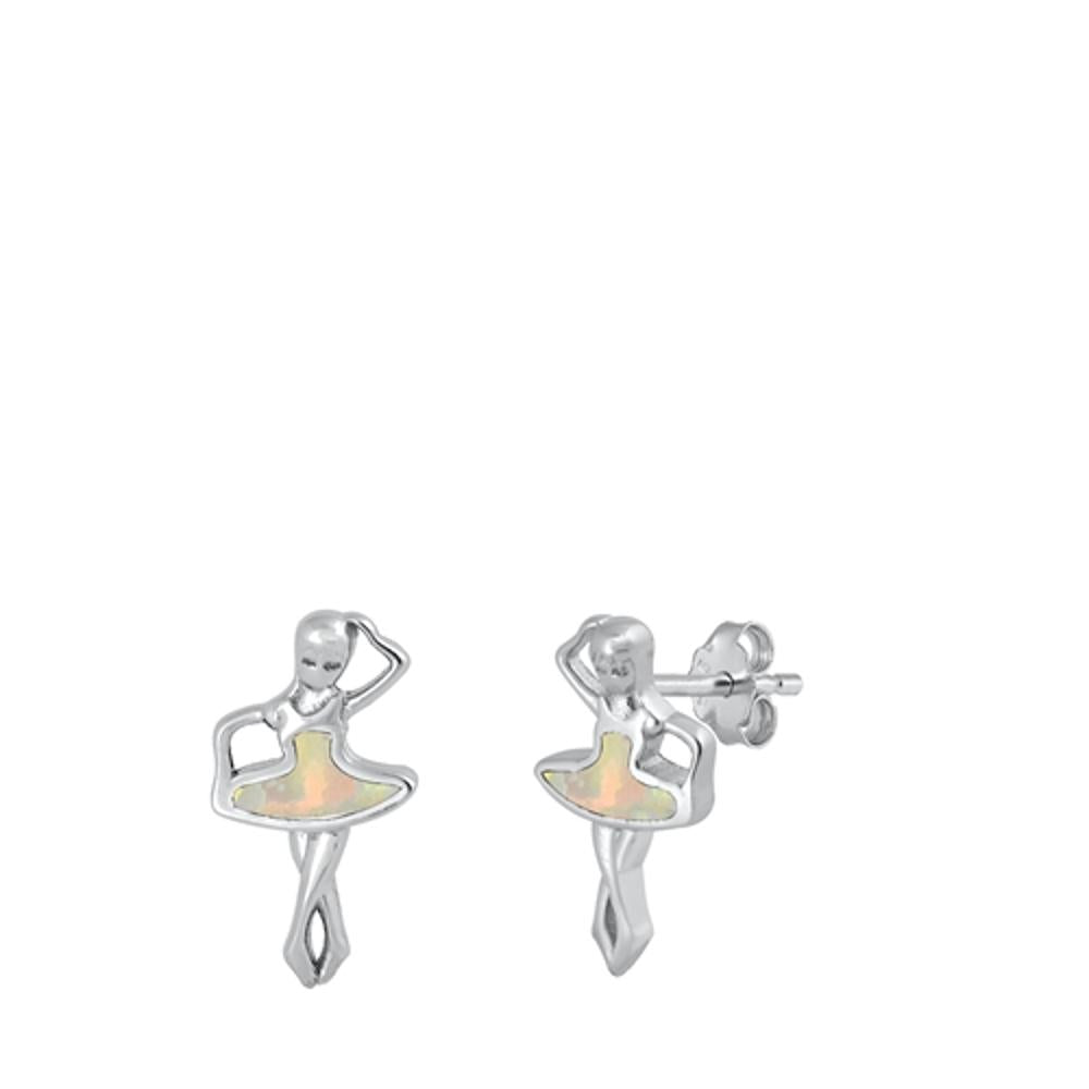 Sterling Silver White Opal Ballet Dancer Stud Earrings Cute Dancing Girl 925 New