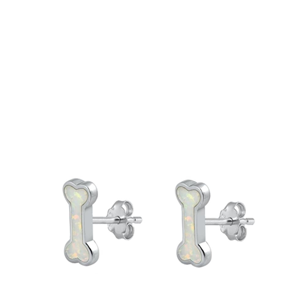 Cute Sterling Silver Dog Bone White Opal Stud High Polished Earrings 925 New