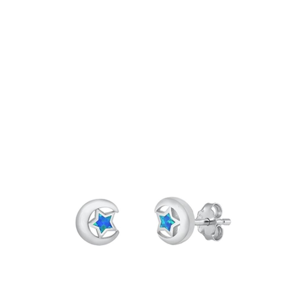 Sterling Silver Cute Blue Synthetic Opal Moon & Star Fashion Earrings 925 New