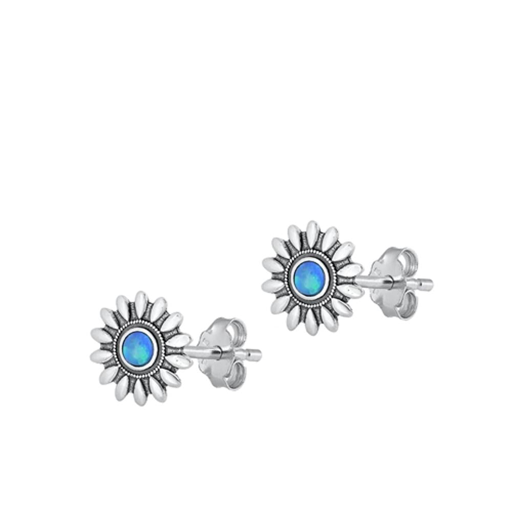 Sterling Silver Blue Lab Opal Flower Stud High Polished Earrings .925 New