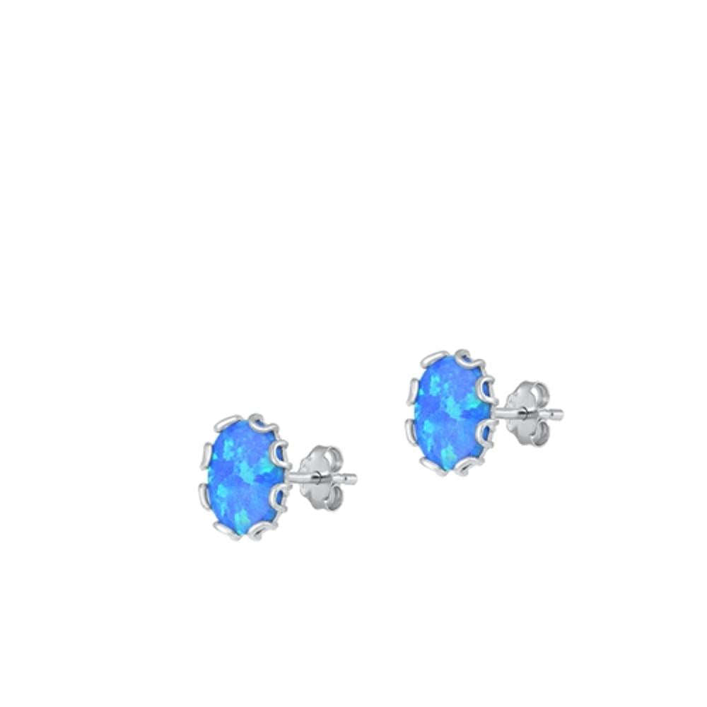 Sterling Silver Classic High Polished Blue Synthetic Opal Stud Earrings .925 New