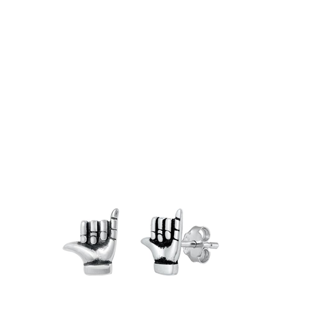 Sterling Silver Hawaiian Shaka Stud Earrings Oxidized Hands Hang Loose 925 New