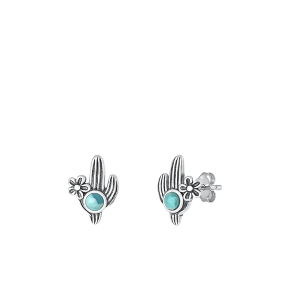 Sterling Silver Fashion High Polished Turquoise Cactus Flower Earrings .925 New