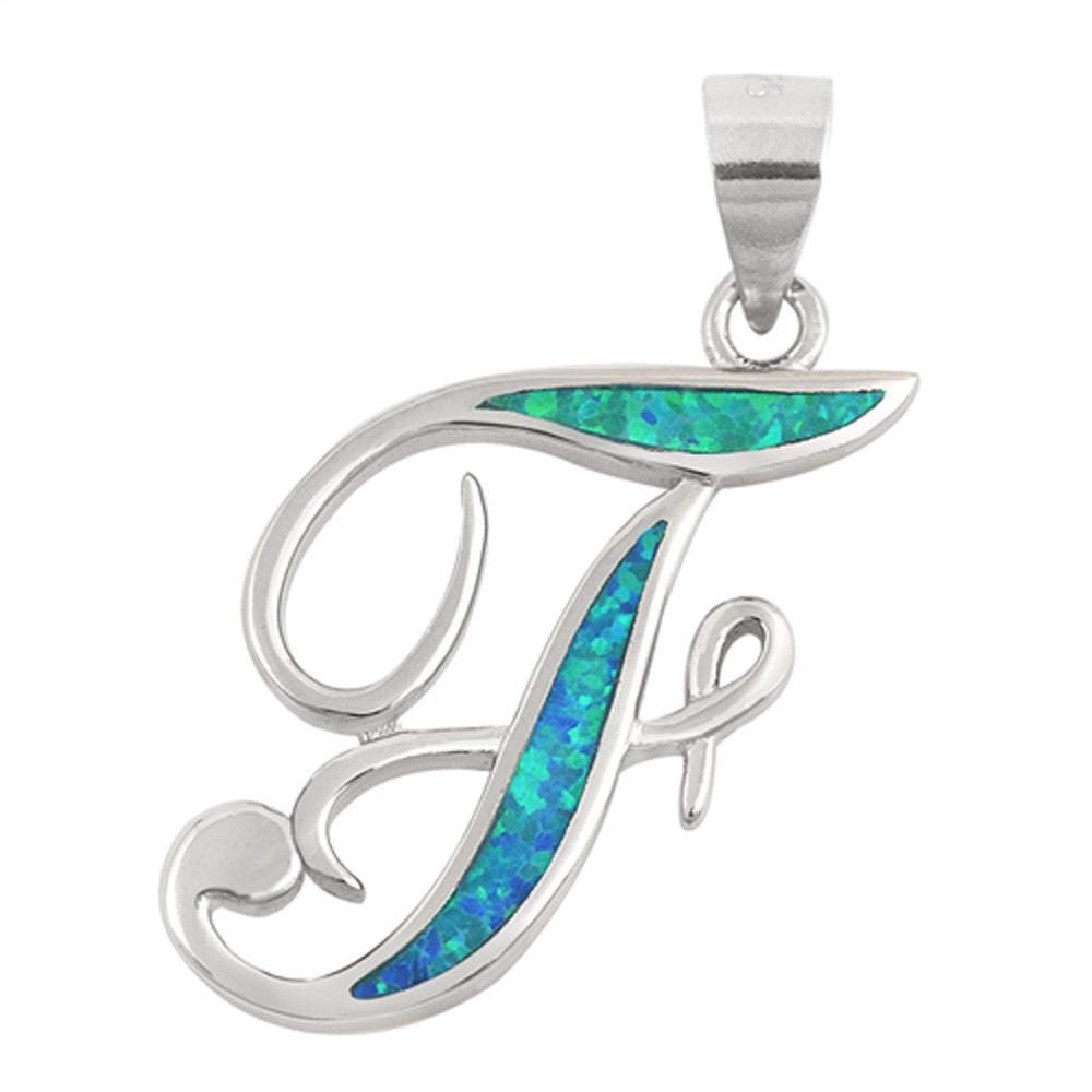 Sterling Silver Blue Synthetic Opal Script Letter F Pendant Cursive Swirl Charm