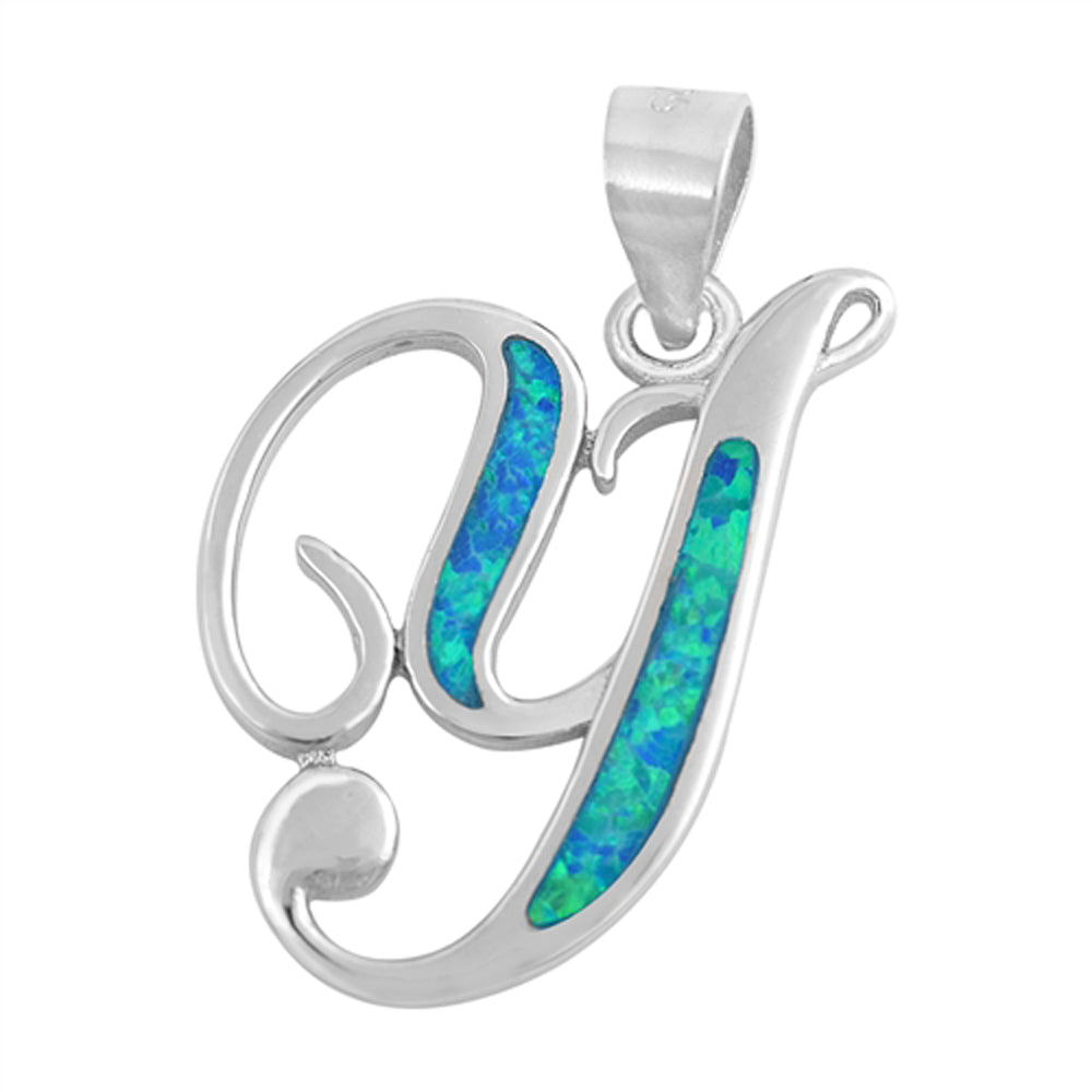 Sterling Silver Beautiful Initial Y Blue Synthetic Opal Pendant Charm 925 New