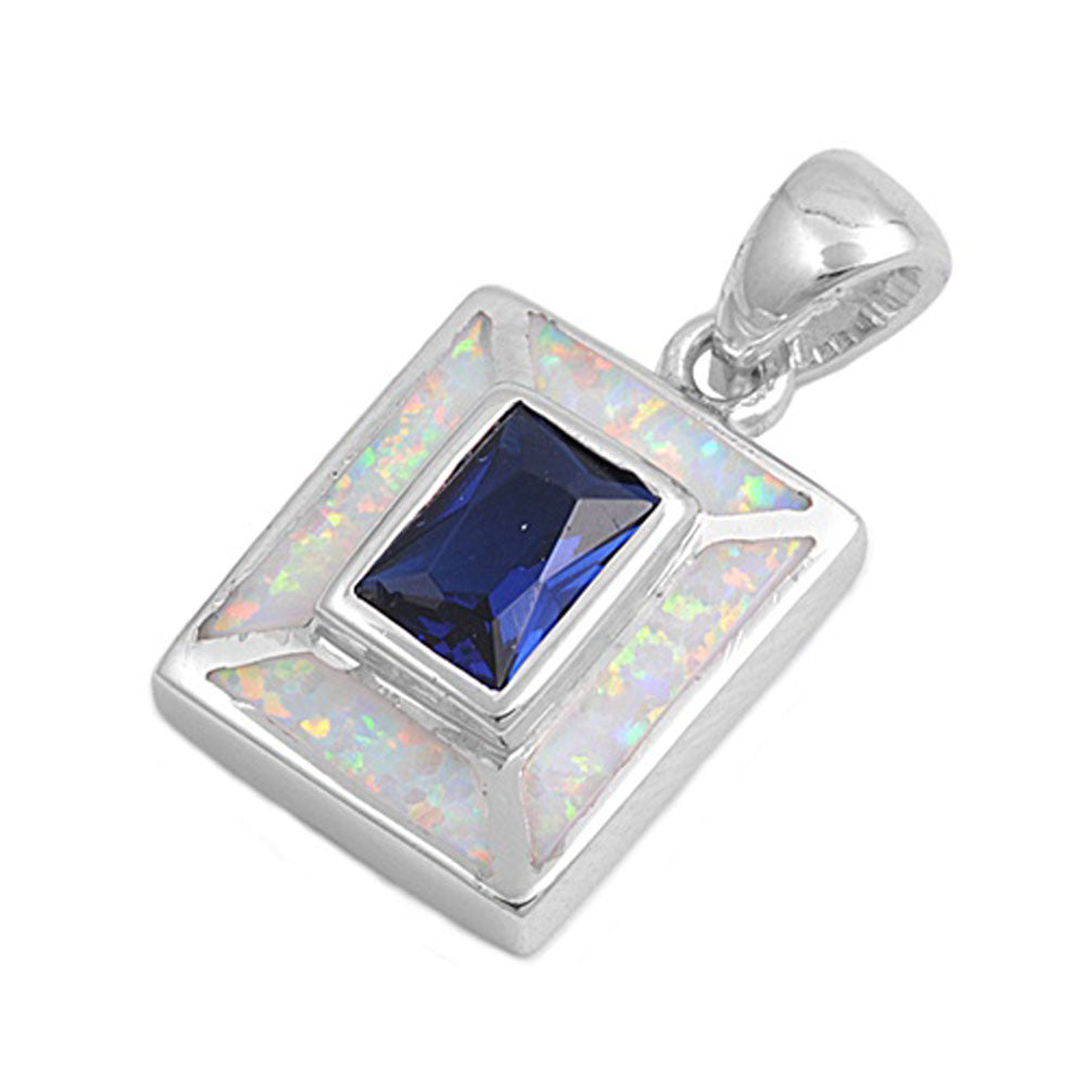 Sterling Silver Elegant Rectangle Box Pendant Blue Simulated Sapphire Charm