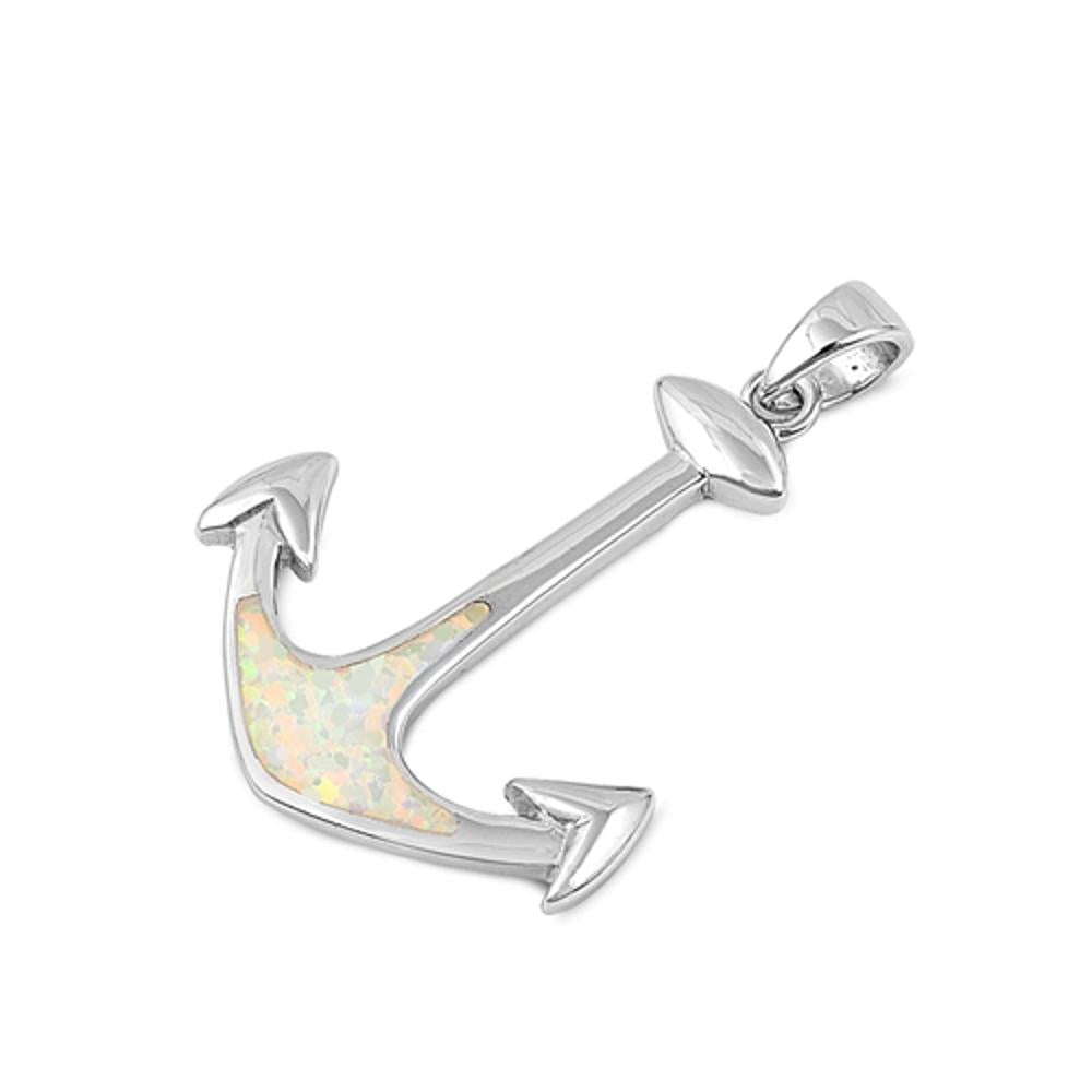 Sterling Silver White Synthetic Opal Anchor Pendant Mariner Boat Sea Charm 925