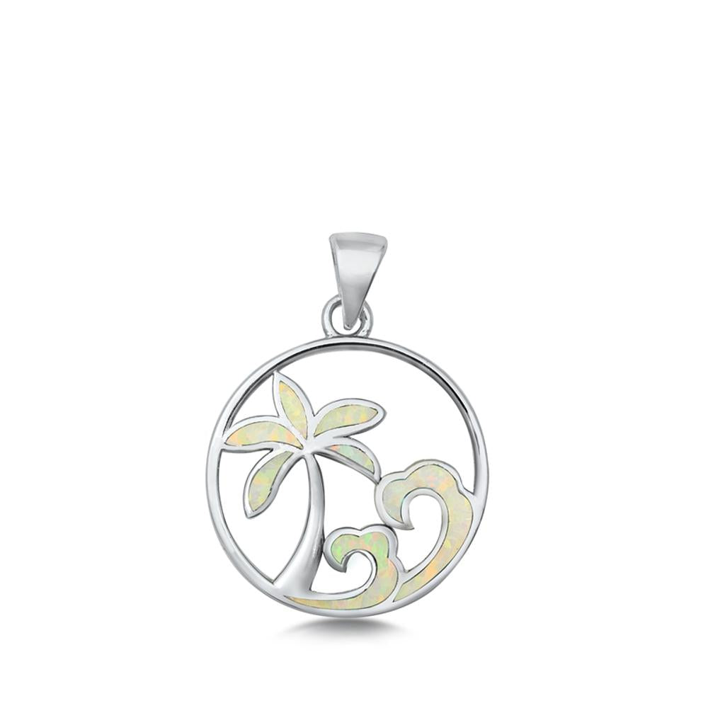 Sterling Silver White Synthetic Opal Palm Tree Ocean Pendant Island Charm 925