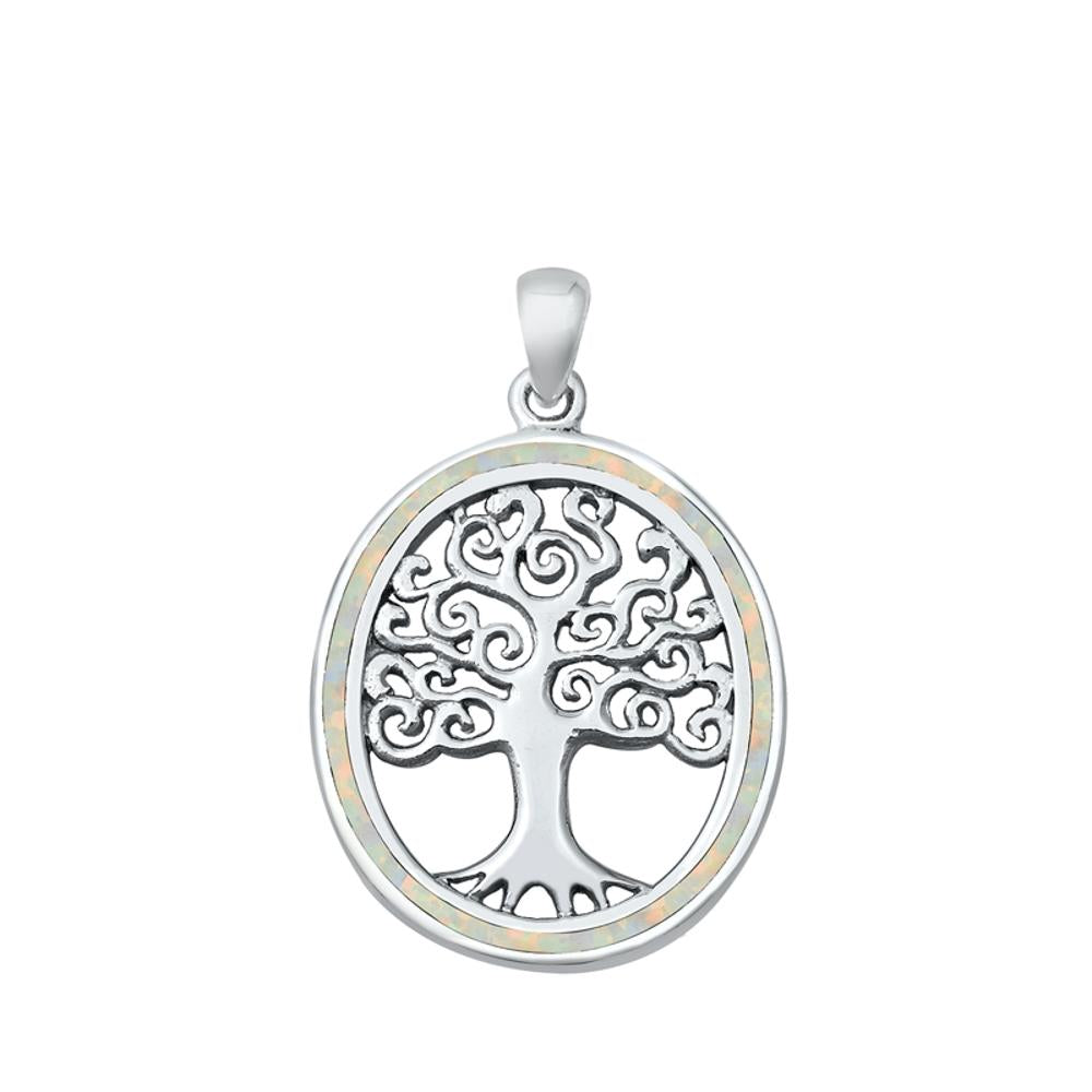Sterling Silver White Synthetic Opal Tree of Life Pendant Oval Medallion Charm