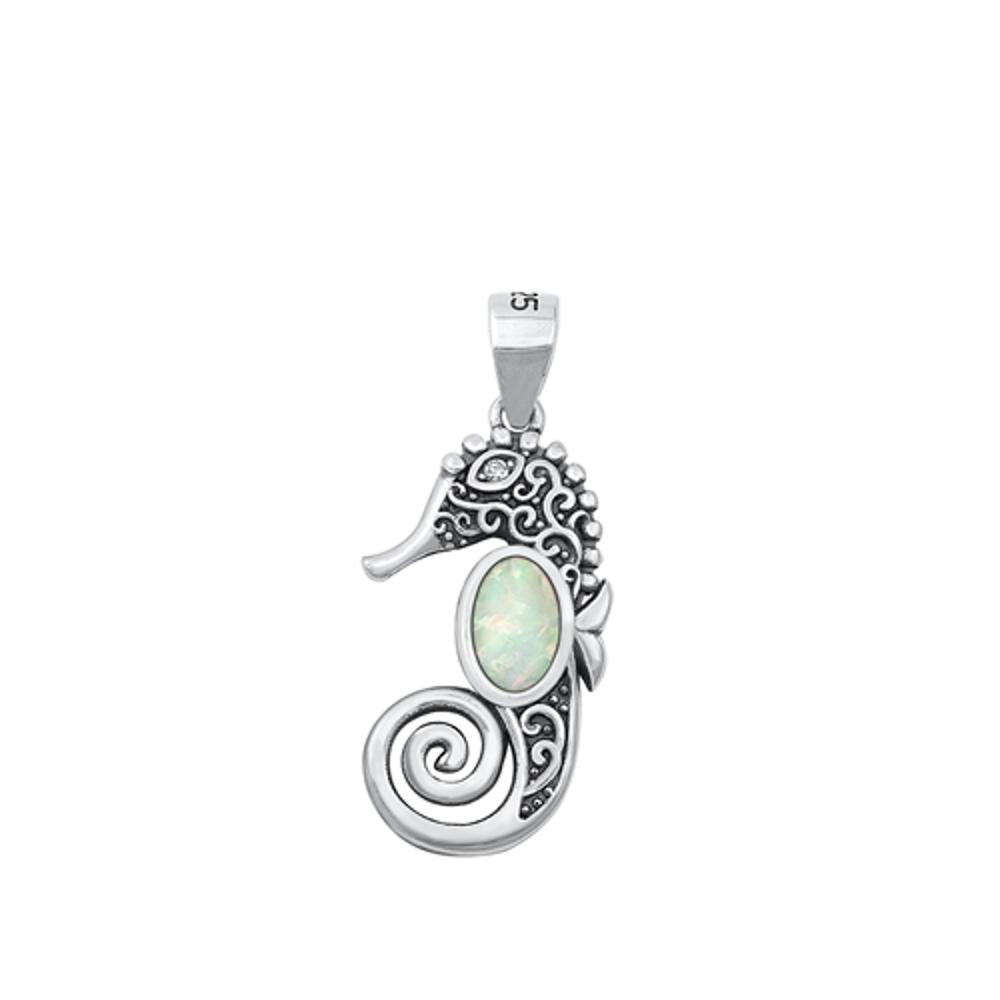 Sterling Silver Unique Seahorse White Synthetic Opal Pendant Charm 925 New