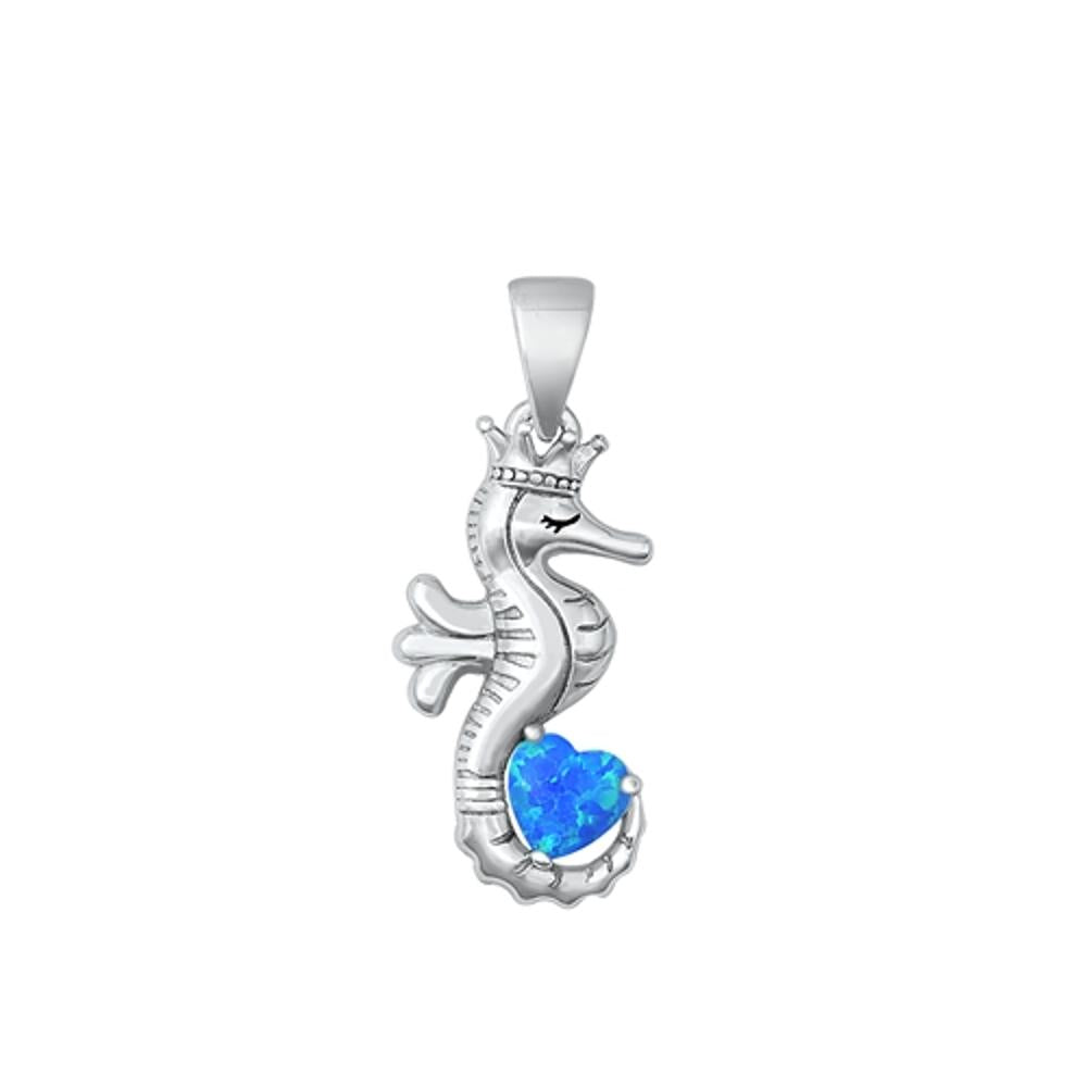Sterling Silver Cute Blue Synthetic Opal Heart Pendant Seahorse Beach Charm 925