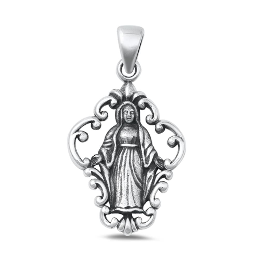 Sterling Silver Oxidized Virgin Mary Christian Saint Pendant Faith Charm 925 New