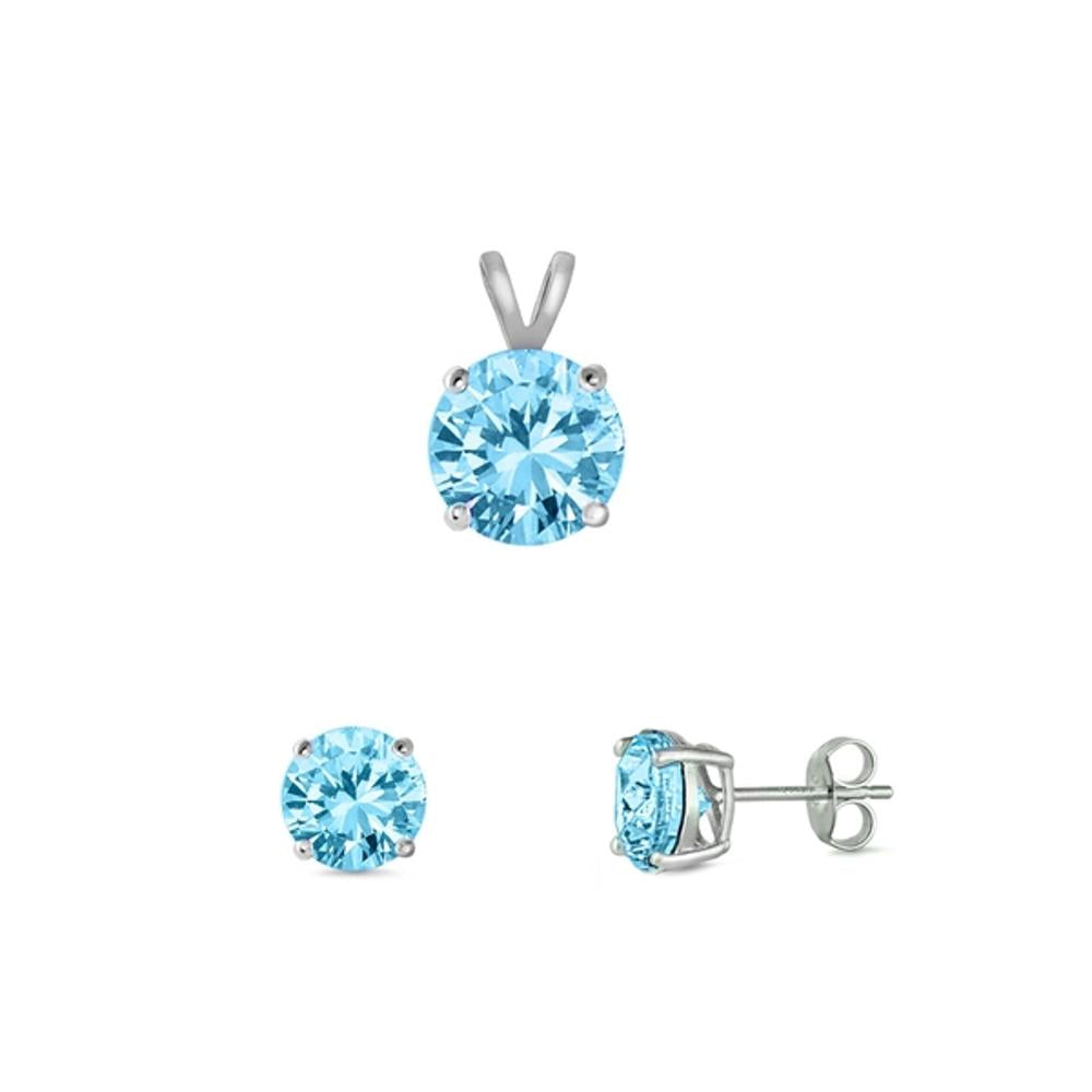 Solitaire Round Earrings Simulated Aquamarine .925 Sterling Silver Pendant Set