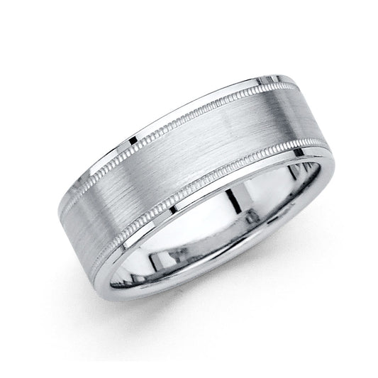 14k Gold White Brushed Milgrain Ring 8mm Wide Men's Wedding Ring Sizes 8-12.5