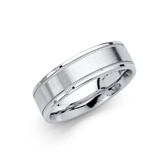 14k Gold White Brushed Milgrain Ring 6mm Wide Men's Wedding Ring Sizes 5-12.5