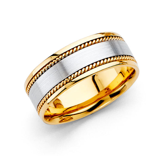 14k Gold White Brushed Yellow Rope Ring 8mm Wide Men's Wedding Ring Sizes 8-12.5