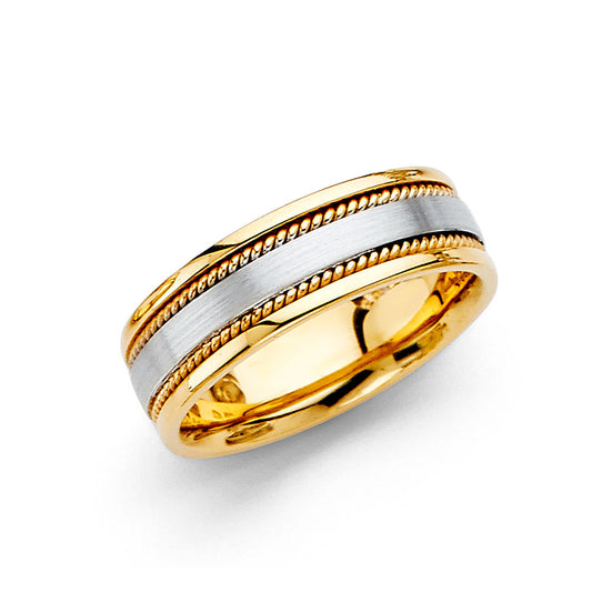 14k Gold White Brushed Yellow Rope Ring 6mm Wide Men's Wedding Ring Sizes 5-12.5