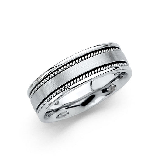 14k Gold White Brushed Pipe Rope Ring 6mm Wide Men's Wedding Ring Sizes 5-12.5