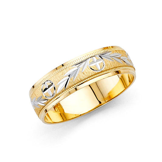 14k Gold White Diamond-Cut Leaf Cross Yellow Ring 6mm Wedding Ring Sizes 5-12