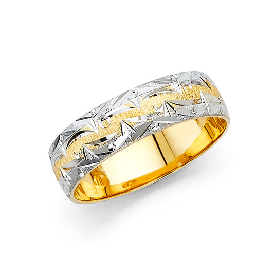 14k Gold White Diamond-Cut Brushed Shiny Yellow Ring 6mm Wedding Ring Sizes 5-12