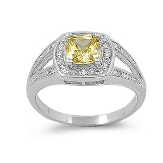 Yellow CZ Solitaire Halo Wedding Ring New .925 Sterling Silver Band Sizes 5-11