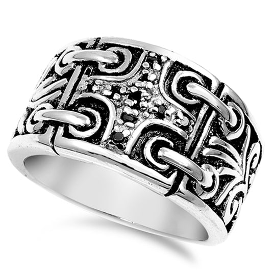 Black CZ Men's Cross Link Tribal Ring New .925 Sterling Silver Band Sizes 6-10