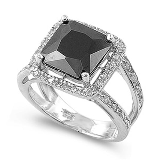 Black CZ Square Faceted Halo Gift Ring New .925 Sterling Silver Band Sizes 5-10