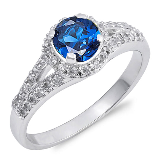 Round Blue Sapphire CZ Solitaire Halo Ring .925 Sterling Silver Band Sizes 4-9