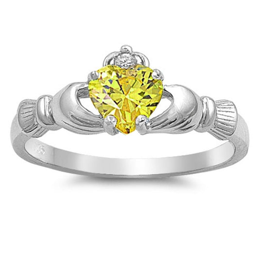 Yellow CZ Claddagh Statement Unique Ring New 925 Sterling Silver Band Sizes 4-10