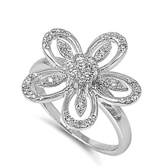 Round Clear CZ Beautiful Flower Ring New .925 Sterling Silver Band Sizes 5-10