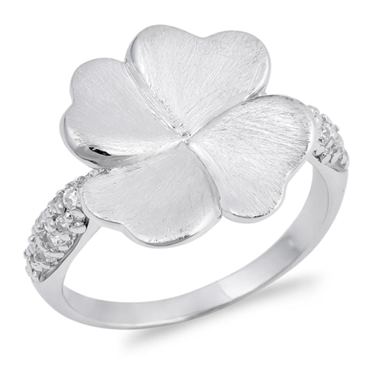 Clear CZ Heart Flower Clover Brushed Ring .925 Sterling Silver Band Sizes 5-9