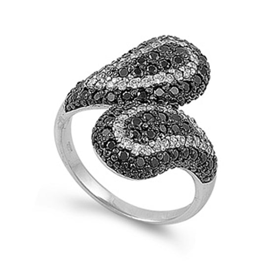 Black CZ Micro Pave Wave Teardrop Ring New .925 Sterling Silver Band Sizes 6-10