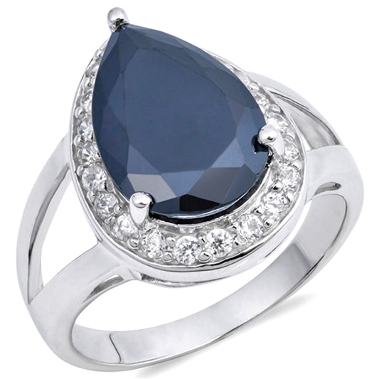 Black CZ Large Teardrop Halo Wedding Ring .925 Sterling Silver Band Sizes 6-9