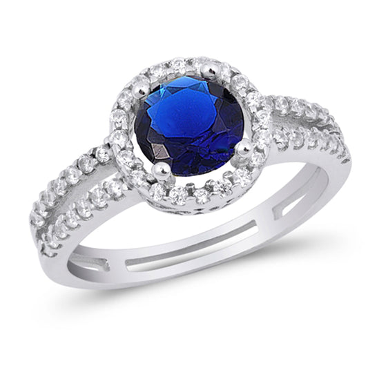 Blue Sapphire CZ Solitaire Pave Halo Ring .925 Sterling Silver Band Sizes 6-9