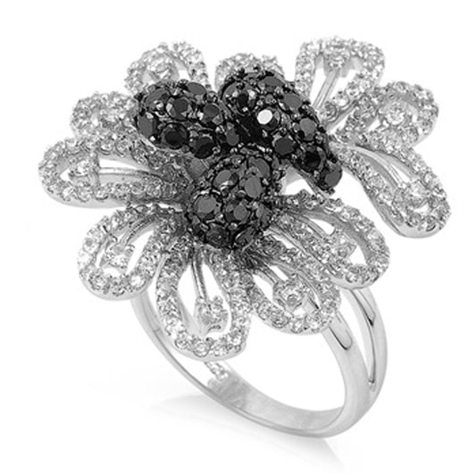 Black CZ Pave Flower Retro Style Ring New .925 Sterling Silver Band Sizes 6-10